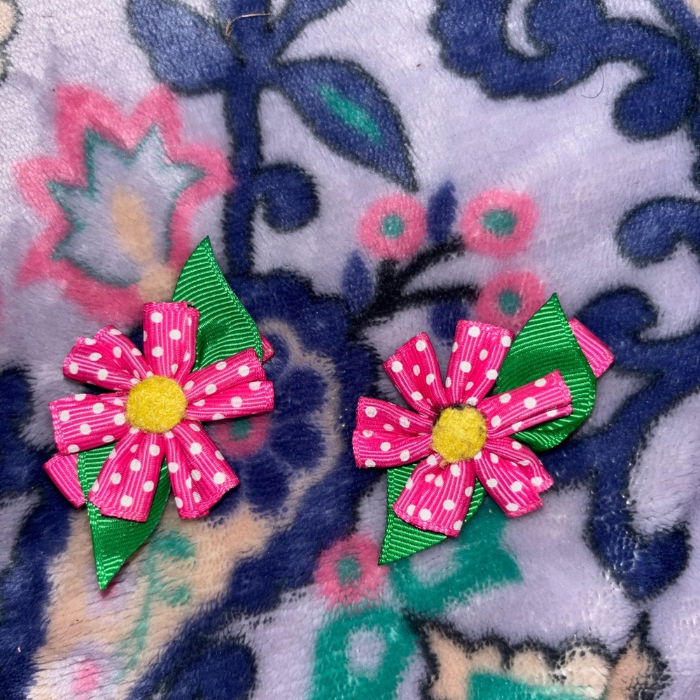 Pink Polka Dot Flower Hair Clips